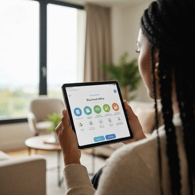 Système domotique affichant des informations de sécurité électrique sur une tablette