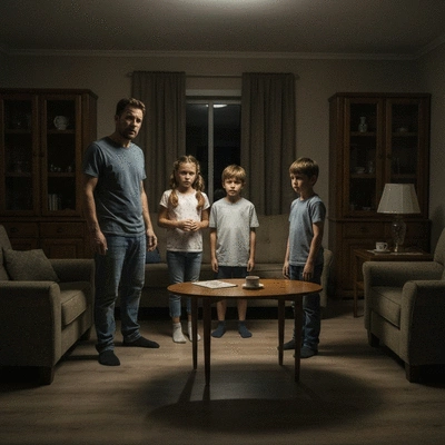 A worried family in a dimly lit living room during a power outage, illuminated by a single flashlight