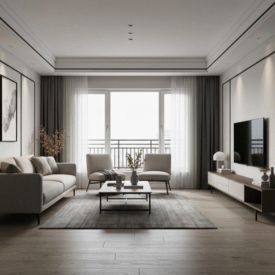 Stylish living room with integrated modern LED lighting, minimalist design