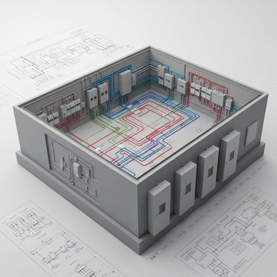 Plan d'un bâtiment avec des schémas électriques superposés
