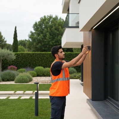 Professional electrician installing outdoor lighting with a modern home in the background in Avignon