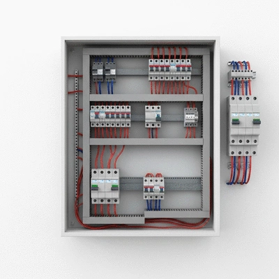 Modern electrical panel with wires and circuit breakers