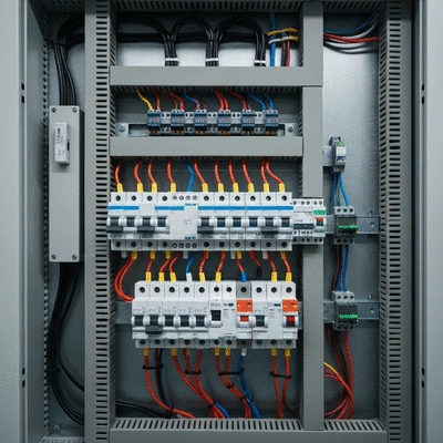 Tableau électrique moderne avec des disjoncteurs et des câbles, vue rapprochée