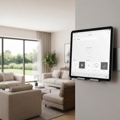 Modern smart home security system dashboard on a tablet