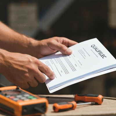 Close-up of an electrician holding a certification document, symbolizing quality and training