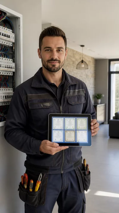 Electricien examinant des certifications sur une tablette