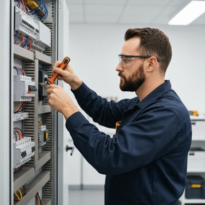 Electrician checking a circuit breaker panel with tools