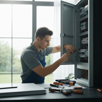 Électricien professionnel réparant un tableau électrique dans une maison moderne