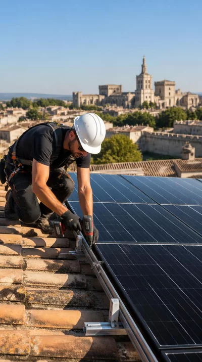 &Eacute;lectricien installant un panneau solaire sur un toit &agrave; Avignon