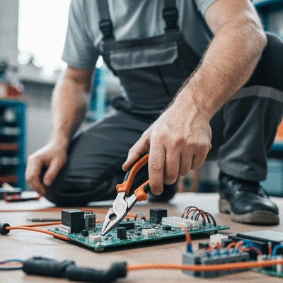 Electrician reviewing electrical plans with a tablet, symbolizing qualifications and experience
