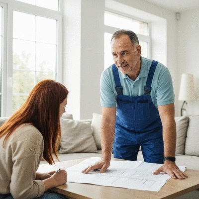 Professional electrician consulting with a homeowner inside a bright, modern living room, discussing electrical plans