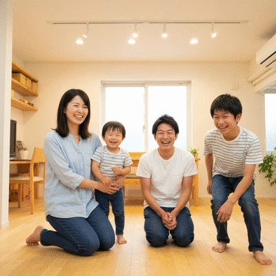 Famille souriante dans une maison moderne et bien éclairée, symbolisant la sécurité et le confort grâce à une installation électrique professionnelle, no text, no words, no typography, no labels, clean image