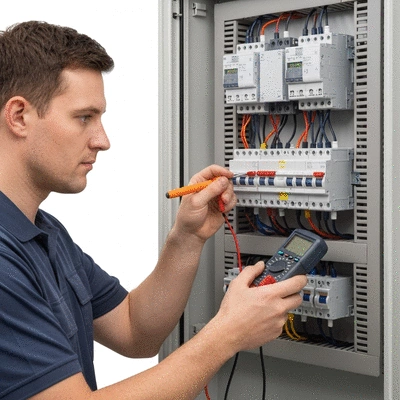Electrician checking a circuit breaker in a modern electrical panel