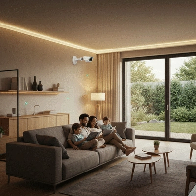 Family relaxing safely in their smart home living room