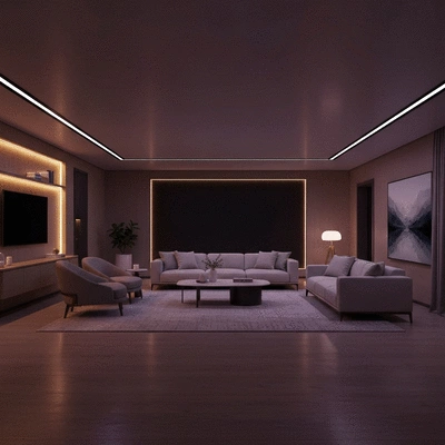 Modern living room with smart lighting changing colors, no text, no words, no typography, 8K