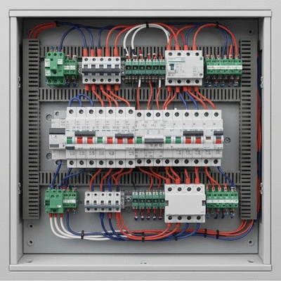 Modern electrical panel with wires and circuit breakers
