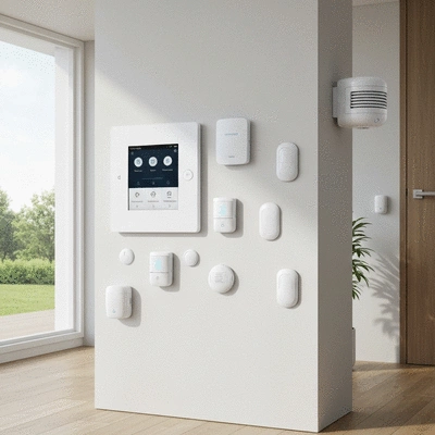 Modern home security system with sensors and a control panel