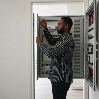 Electrician installing modern electrical panel, showcasing expertise in energy optimization