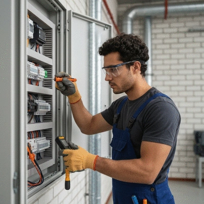 Electrician inspecting a modern electrical panel with tools