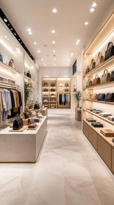 Modern retail store interior with bright, full-spectrum lighting highlighting products