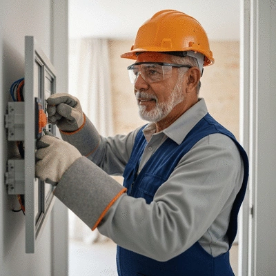 Professional electrician performing safety checks on a modern electrical panel in a home in Avignon