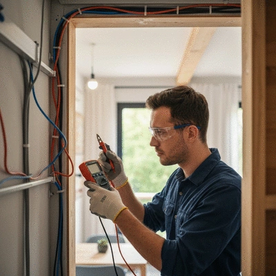 Electrician inspecting home electrical wiring in Avignon