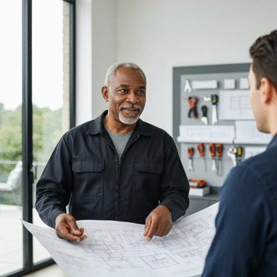Électricien professionnel expliquant un schéma électrique à un client dans une maison moderne, avec des outils et des plans en arrière-plan, lumière naturelle, pas de texte, pas de mots, pas de typographie, 8K