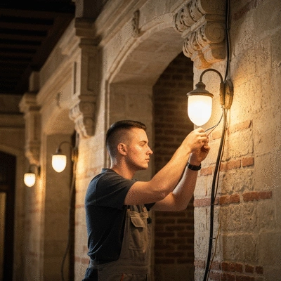 Electrician working on wiring in an old Avignon building