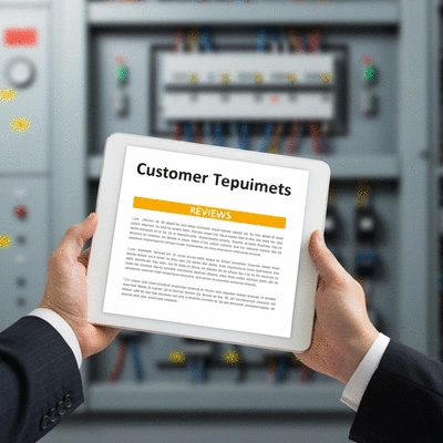 Customer reviews displayed on a tablet, symbolizing reputation and client testimonials