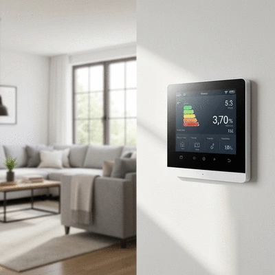 Modern smart thermostat on a wall, displaying energy savings