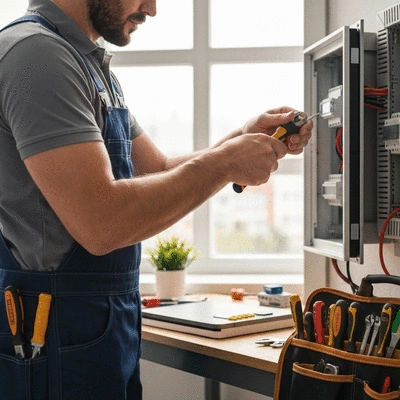 &Eacute;lectricien r&eacute;parant un tableau &eacute;lectrique avec des outils, ambiance s&eacute;curis&eacute;e et professionnelle