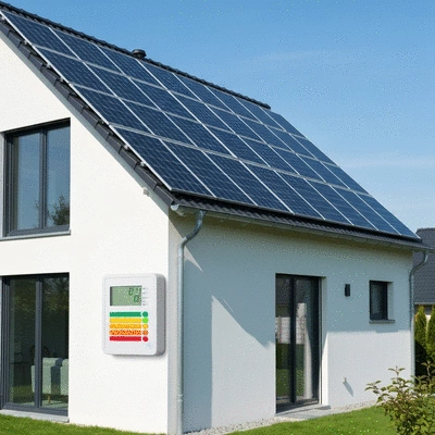 Modern home with solar panels and smart energy meter