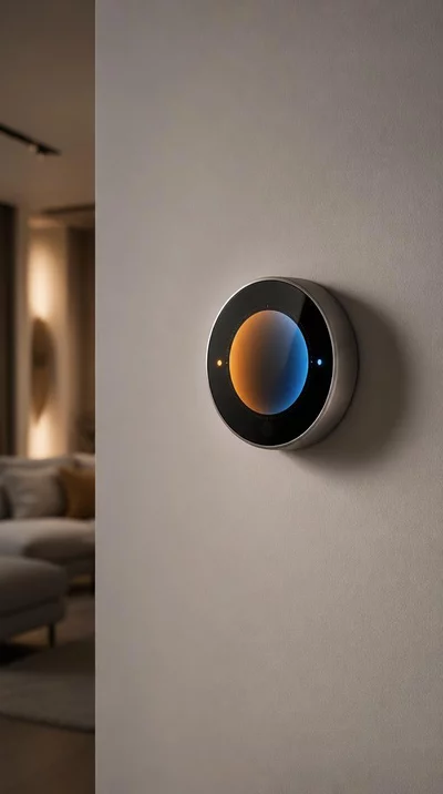 Smart thermostat on a wall, showing temperature control