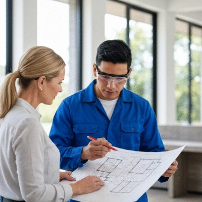 Electrician reviewing an electrical blueprint with a client, pointing out details, in a modern home setting