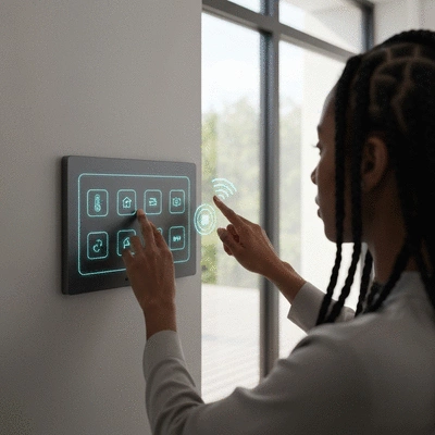 Person using a modern wall-mounted smart home control panel with glowing icons