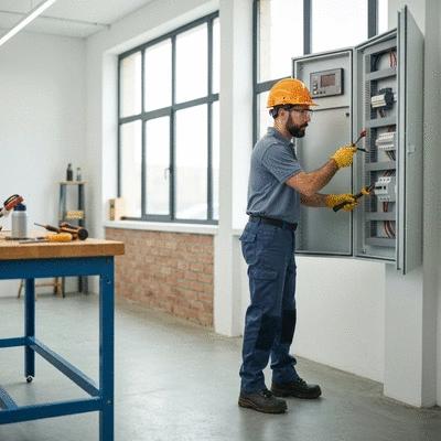 Électricien en urgence réparant un tableau électrique avec des outils