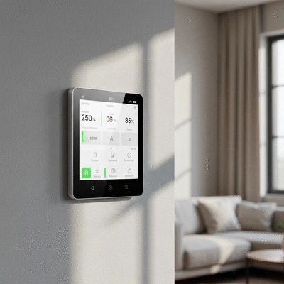 Modern smart thermostat on a wall, displaying energy usage and various settings, with a blurred background of a living room.