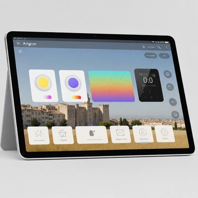 Modern smart home interface on a tablet showing connected devices in Avignon, no text, no words, no typography, 8K