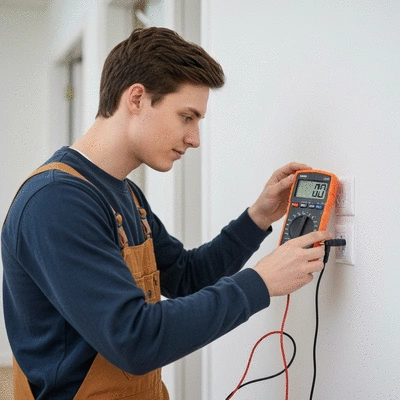 Person safely inspecting an electrical outlet with a tester, focus on home safety, no text, no words, no typography, clean image, 8K