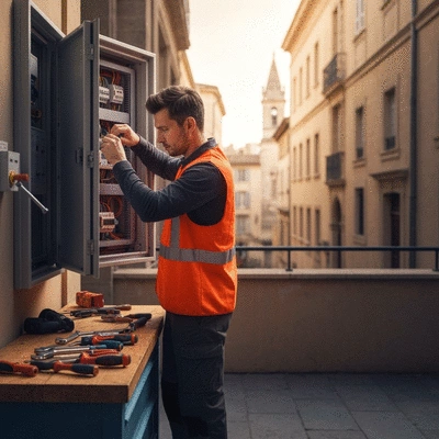 Electrician working on an electrical panel in Avignon, France, with a subtle background of Avignon's cityscape