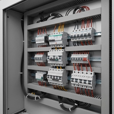 Modern electrical panel with wires and circuit breakers, clean, professional setting