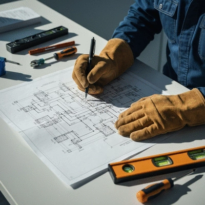 Electrician planning electrical circuits on a blueprint