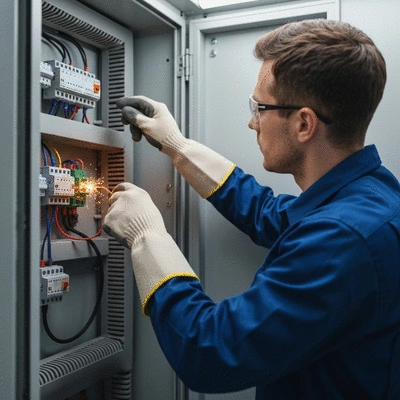 Électricien inspectant un panneau électrique avec des étincelles