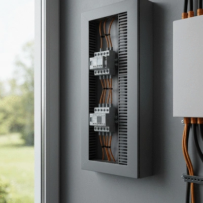 Gros plan sur un boîtier électrique moderne avec des fils sécurisés dans un immeuble résidentiel