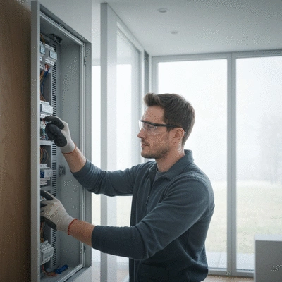 Electrician checking electrical panel in a modern home
