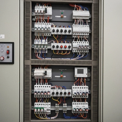 Industrial electrical panel with various switches and wires, representing general electricity and safety for businesses