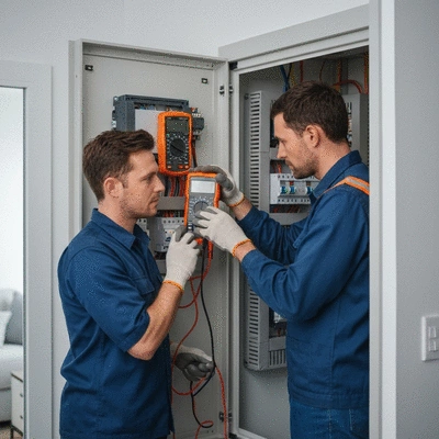 Professional electrician inspecting an electrical panel in a residential setting