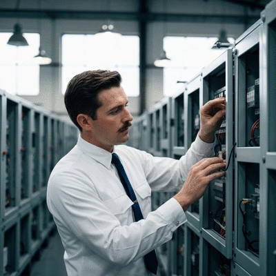 Électricien industriel vérifiant un tableau électrique dans une usine moderne