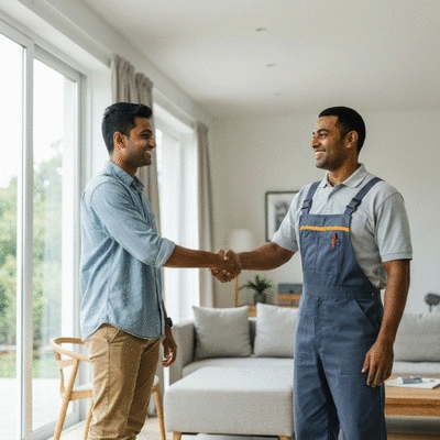 Happy customer shaking hands with a local electrician after a successful electrical service, clean home environment, no text, no words, no typography, 8K