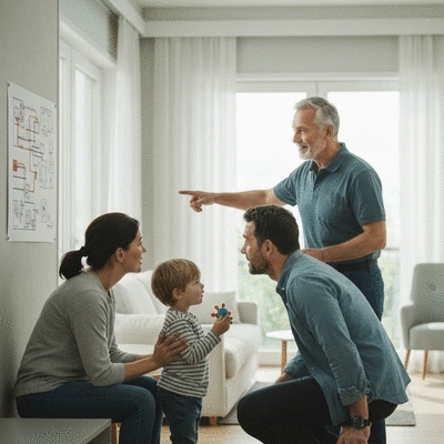 Family learning about electrical safety with an electrician, pointing to a diagram, in a brightly lit modern living room